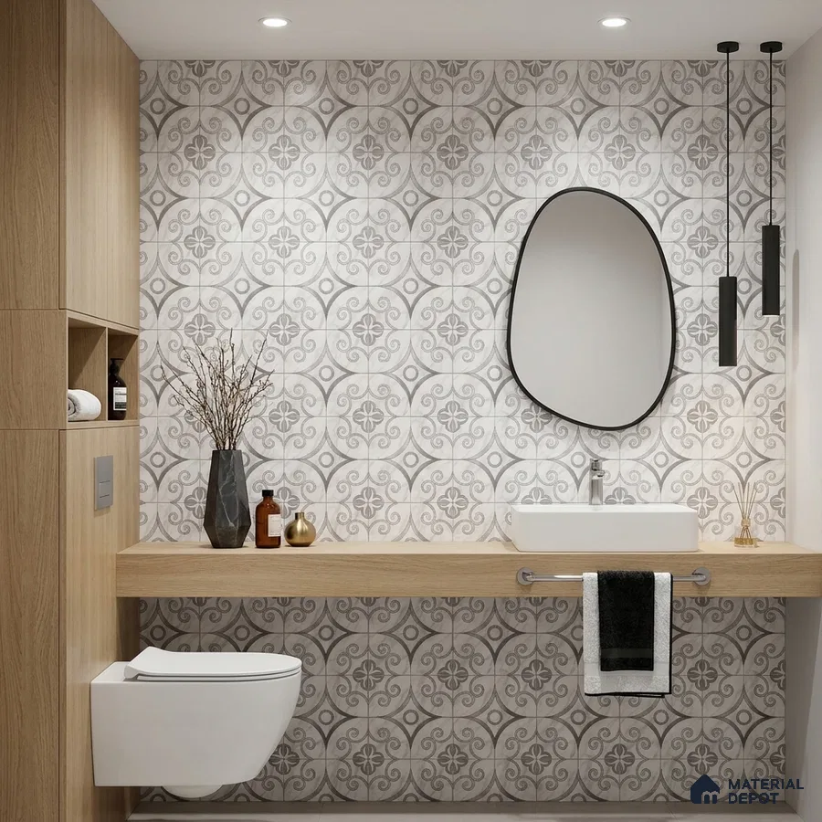 Modern bathroom with grey patterned wall tiles and light oak laminate vanity
