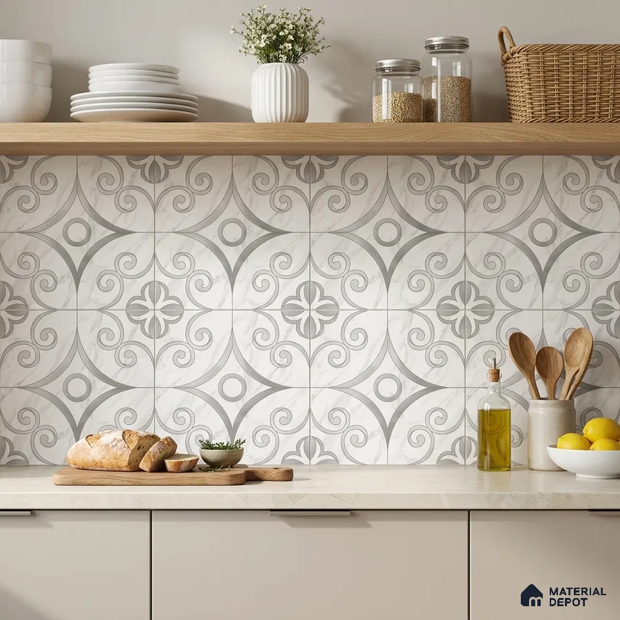Modern kitchen with grey patterned moroccan backsplash tile and beige quartz countertop