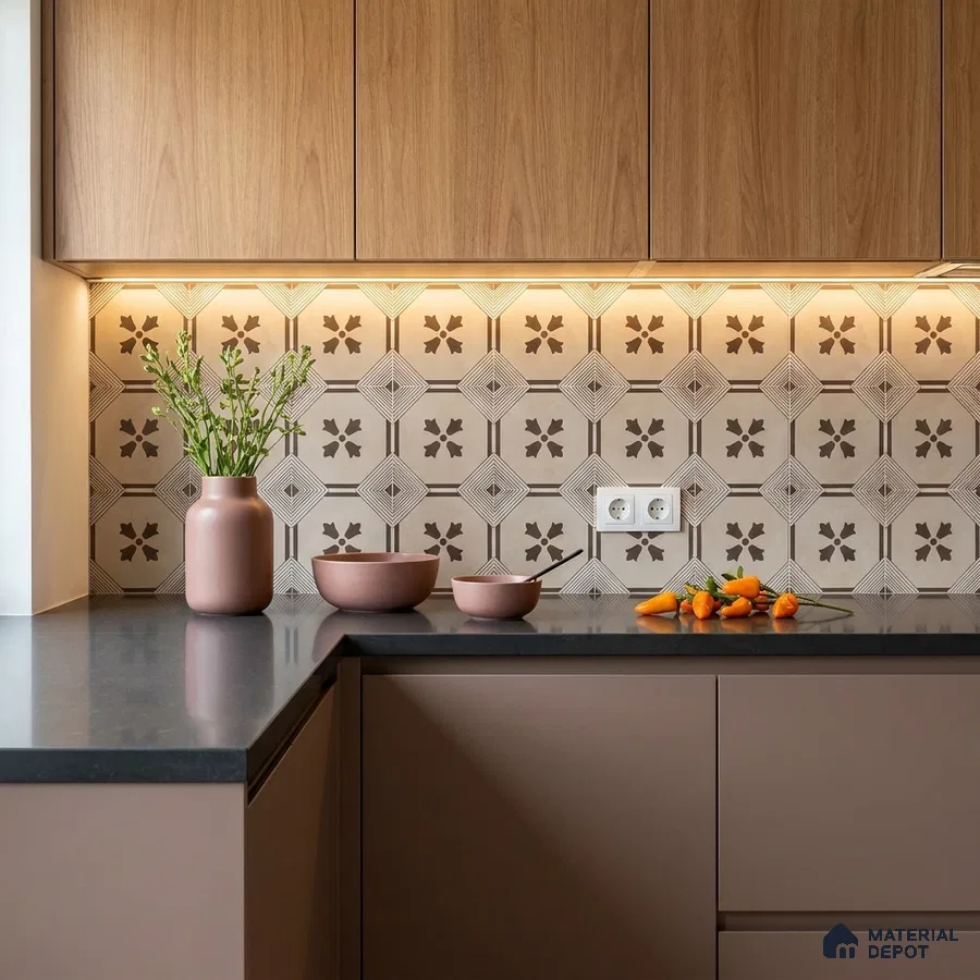 Modern kitchen with taupe matte laminate, oak wood laminate, and geometric patterned backsplash tiles