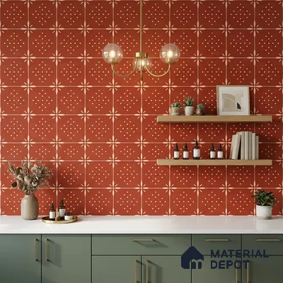 Modern kitchen with terracotta patterned wall tiles, sage green laminate cabinets, and white quartz countertop