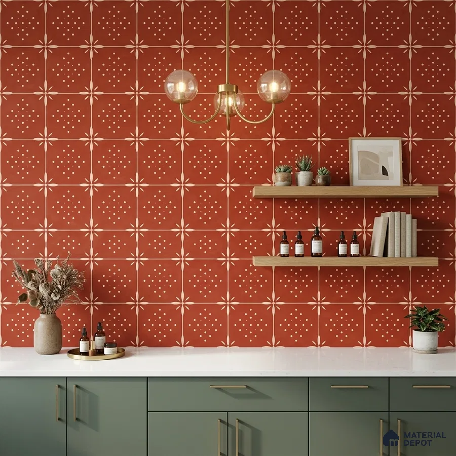 Modern kitchen with terracotta patterned wall tiles, sage green laminate cabinets, and white quartz countertop