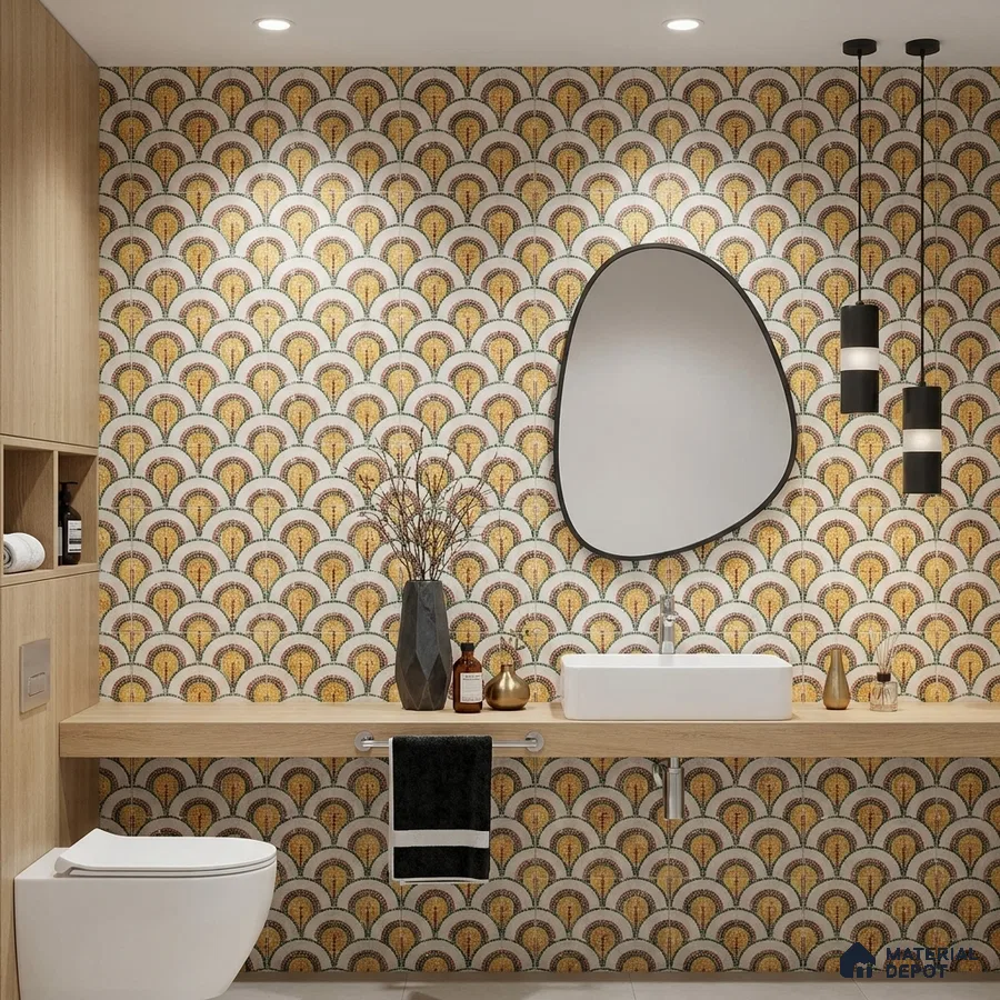 Art Deco bathroom with patterned tile and light oak laminate vanity