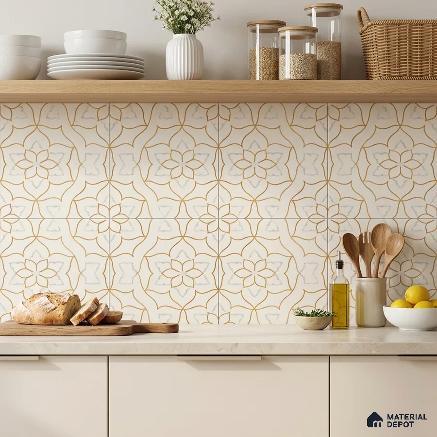 Scandinavian kitchen with beige cabinets, white quartz countertop, and gold floral patterned backsplash tiles