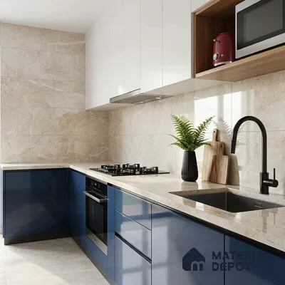 Modern kitchen with navy blue high gloss laminate, frosty white laminate, and beige marble-look wall tiles