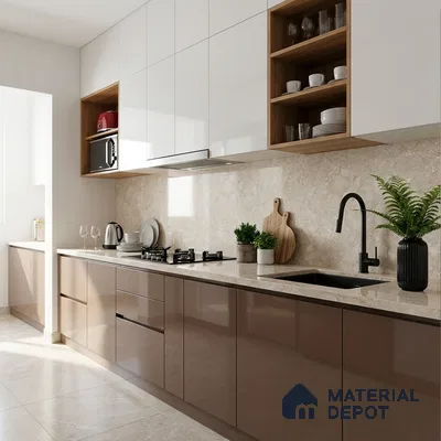 Modern kitchen with glossy taupe and white laminate, beige marble backsplash, and countertop