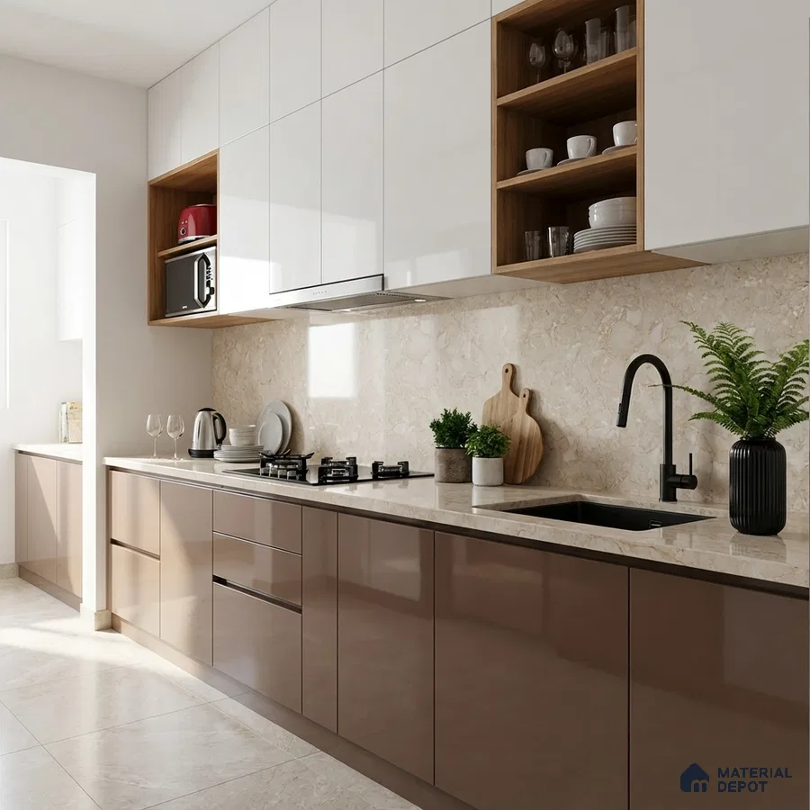 Modern kitchen with glossy taupe and white laminate, beige marble backsplash, and countertop