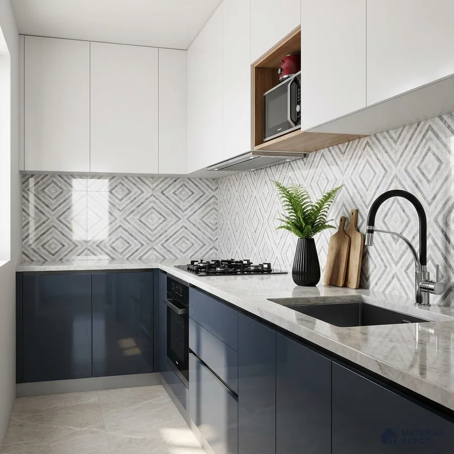 Modern dual tone kitchen with navy blue and frosty white laminate, geometric backsplash tile, and marble-look countertop