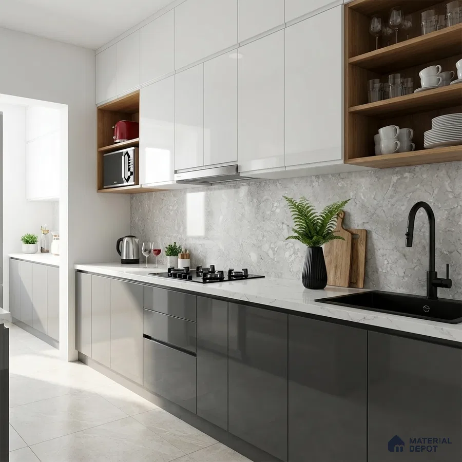 Modern kitchen with high gloss grey and white laminate, marble-look backsplash, and white quartz countertop