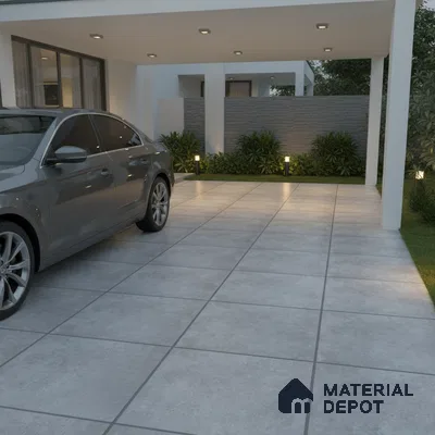 Modern parking with large format grey stone-look floor tiles and minimal landscaping