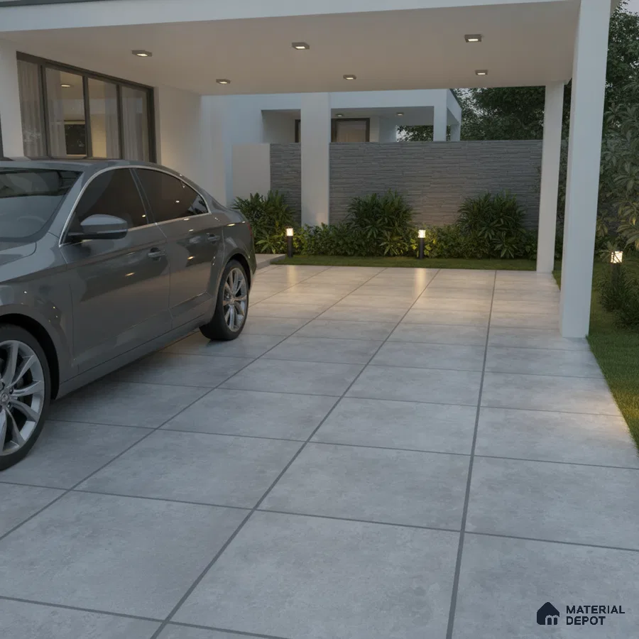 Modern parking with large format grey stone-look floor tiles and minimal landscaping