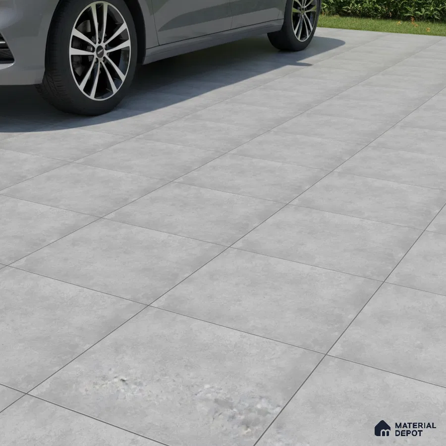 Modern parking area with light grey cement-look anti-skid floor tiles