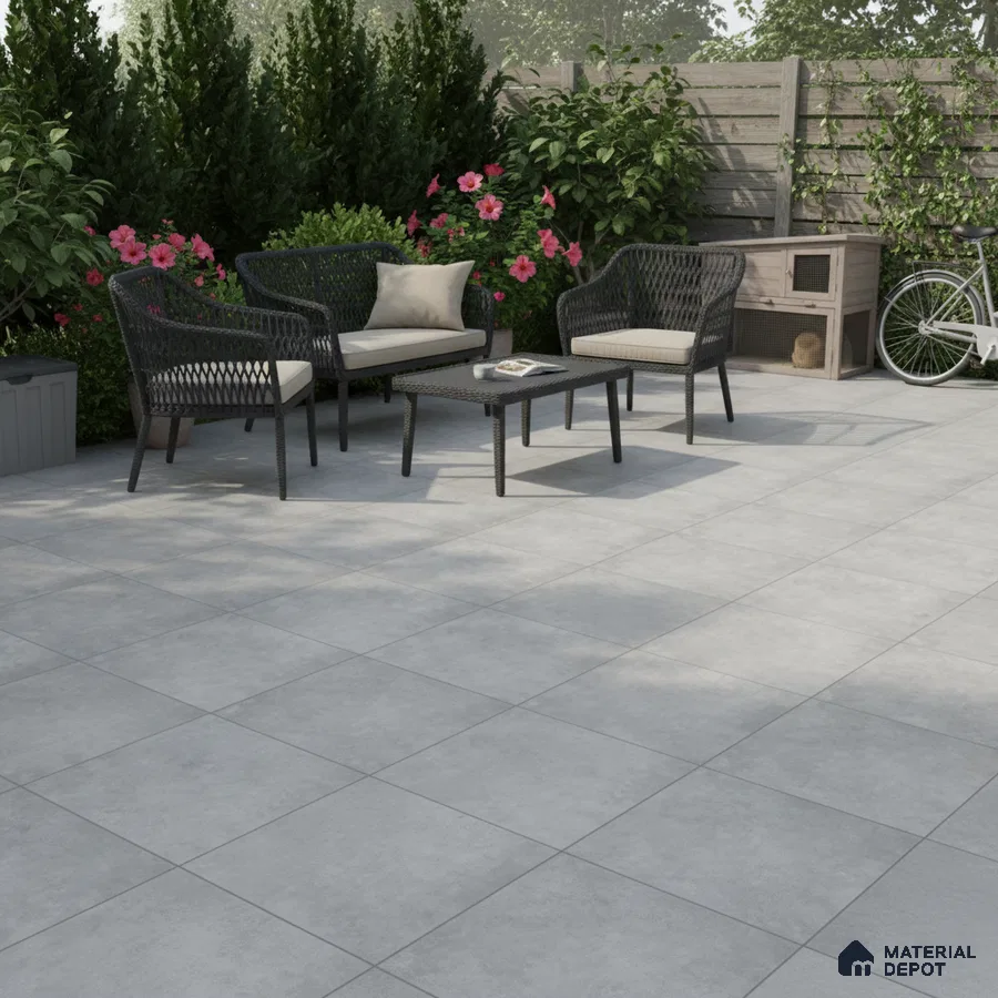 Modern outdoor patio with light grey stone-look floor tiles and wicker furniture