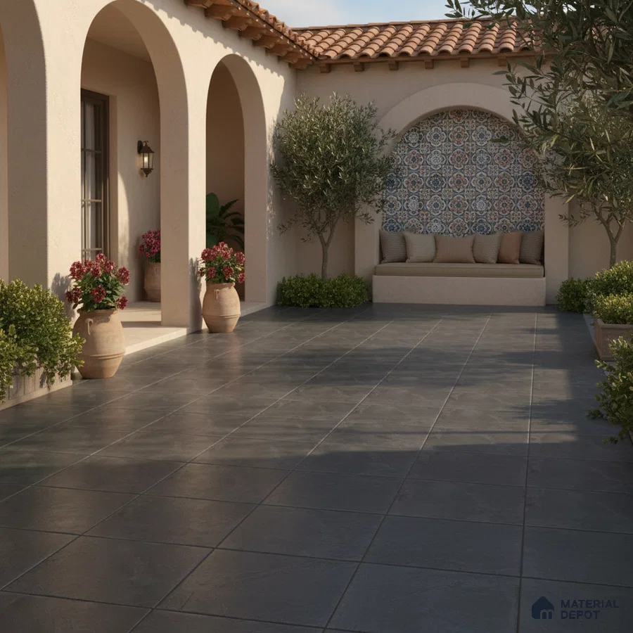 Mediterranean outdoor patio with terracotta roof, patterned moroccan wall tiles, and charcoal grey floor tiles
