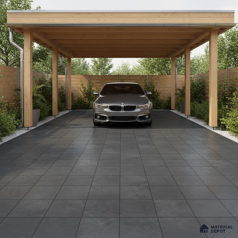 Modern parking with charcoal grey floor tiles and natural wood pergola structure