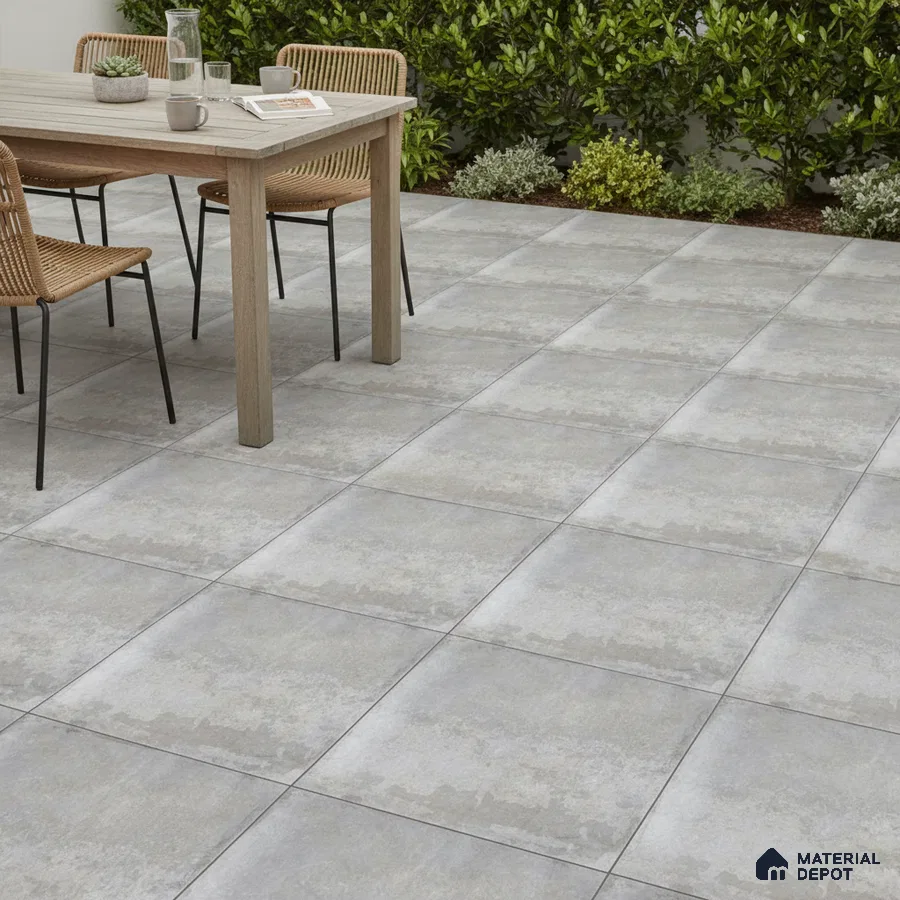 Minimalist outdoor patio with light grey stone-look floor tiles and natural wood dining set