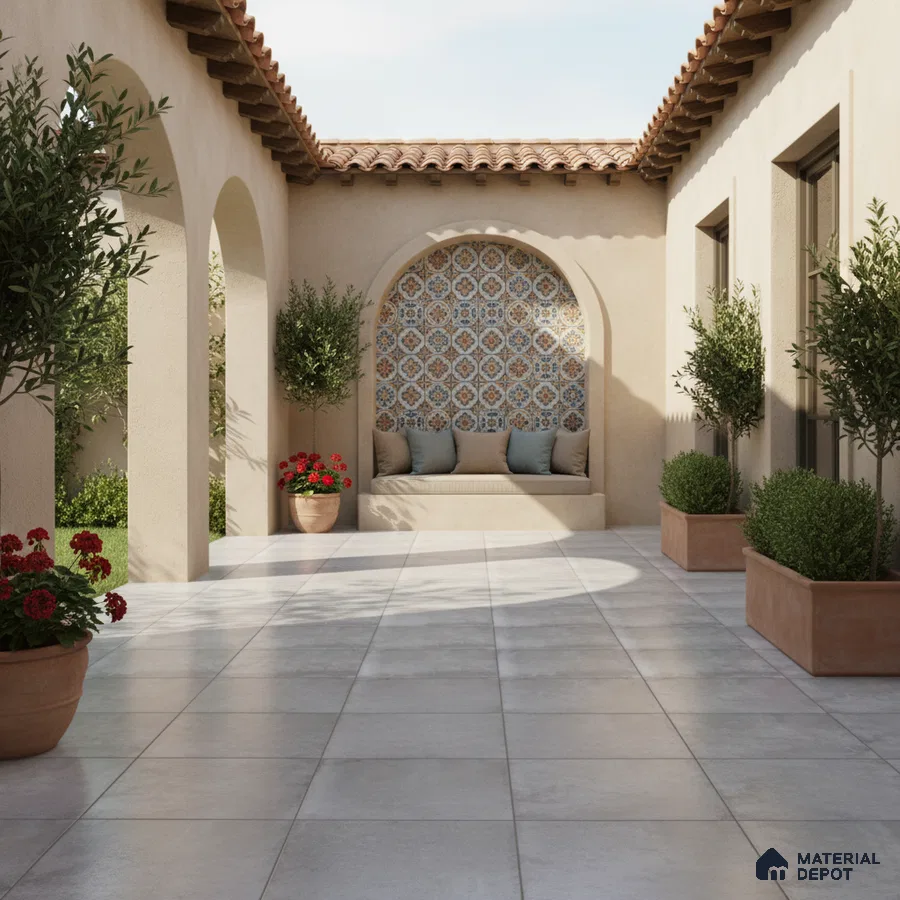 Mediterranean outdoor courtyard with patterned moroccan wall tiles and light grey stone floor tiles