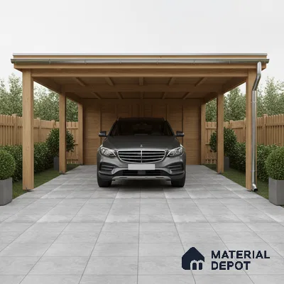 Modern parking with light grey concrete floor tiles and natural wood structure