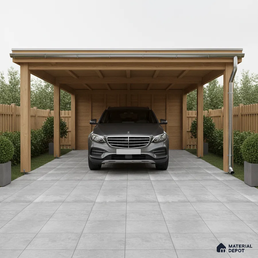 Modern parking with light grey concrete floor tiles and natural wood structure