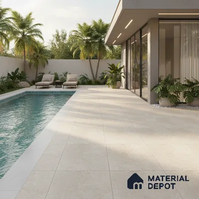 Modern outdoor poolside with beige stone-look floor tiles and minimalist landscaping