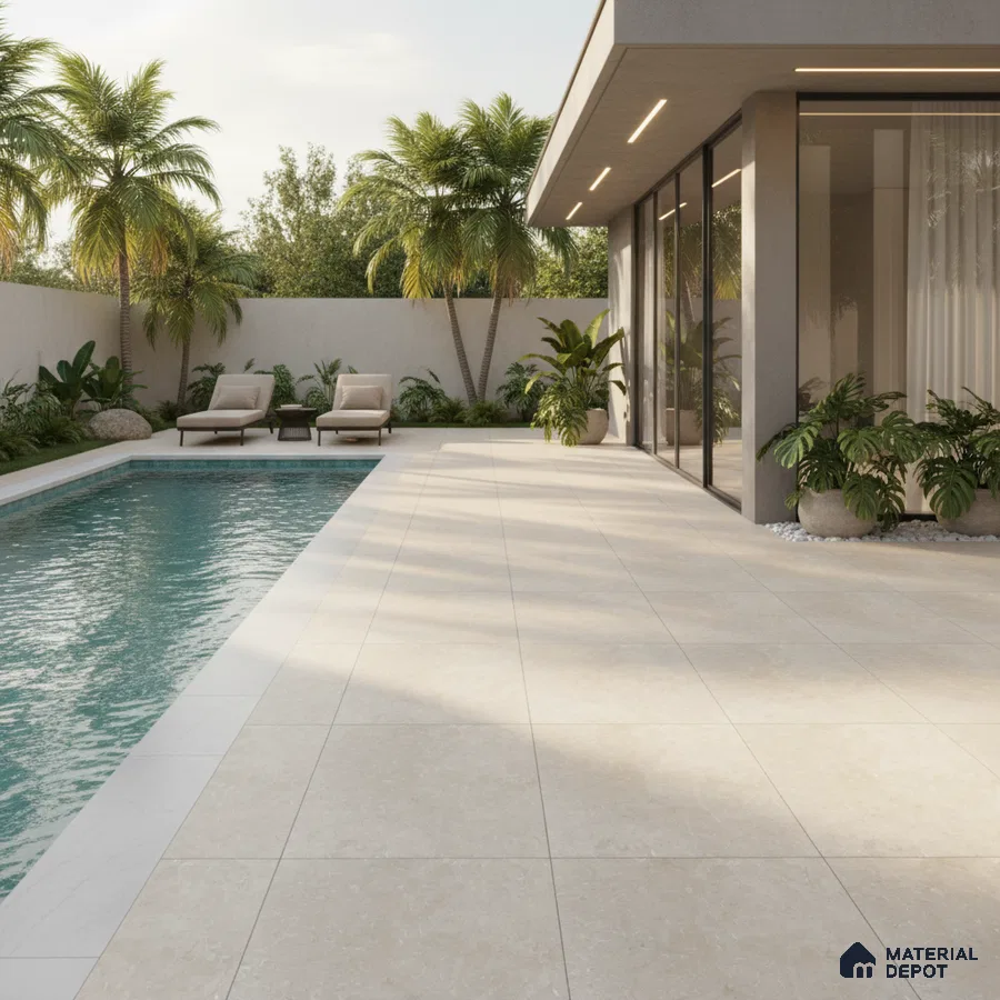 Modern outdoor poolside with beige stone-look floor tiles and minimalist landscaping