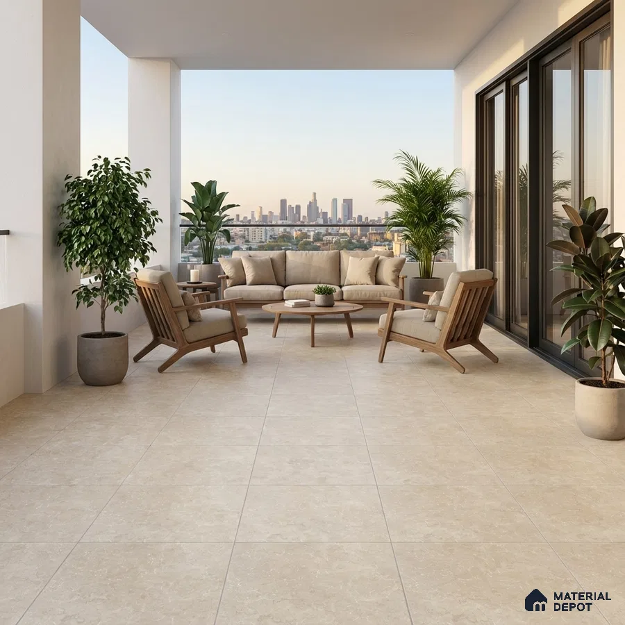 Modern outdoor balcony with beige stone-look floor tiles and wooden lounge furniture