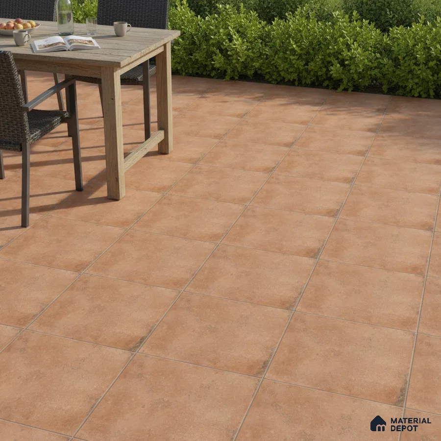 Modern outdoor patio with terracotta floor tiles and natural wood dining table