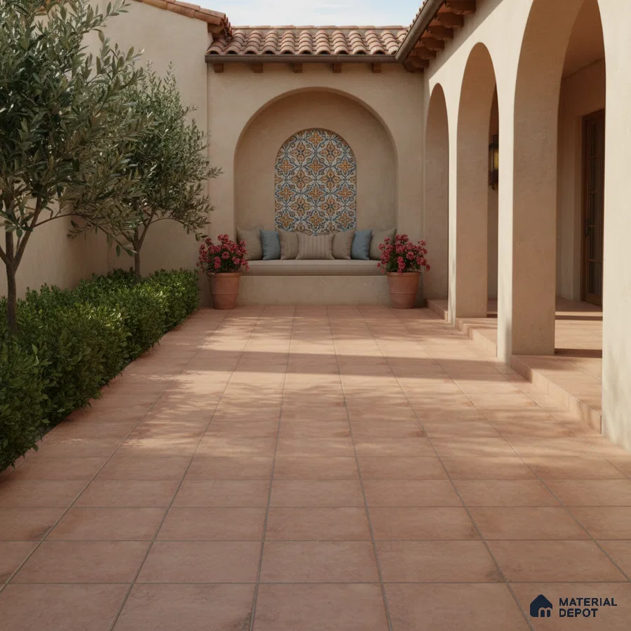 Mediterranean outdoor courtyard with terracotta floor tiles and patterned mosaic wall tile