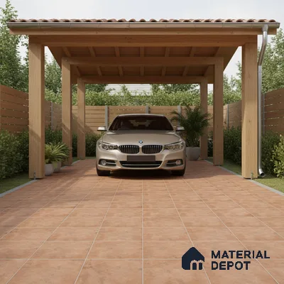 Modern parking with terracotta floor tiles and natural wood pergola
