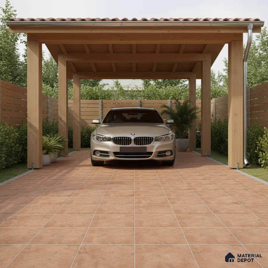 Modern parking with terracotta floor tiles and natural wood pergola