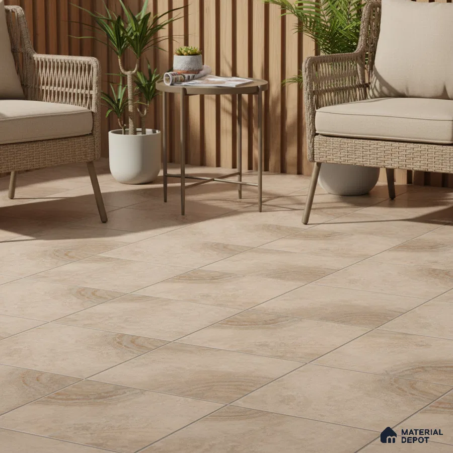 Scandinavian balcony with beige stone-look floor tiles and natural wood louver wall