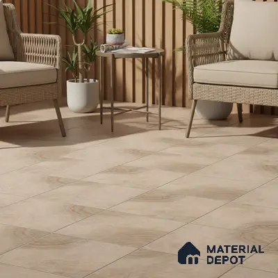 Scandinavian balcony with beige stone-look floor tiles and natural wood louver wall
