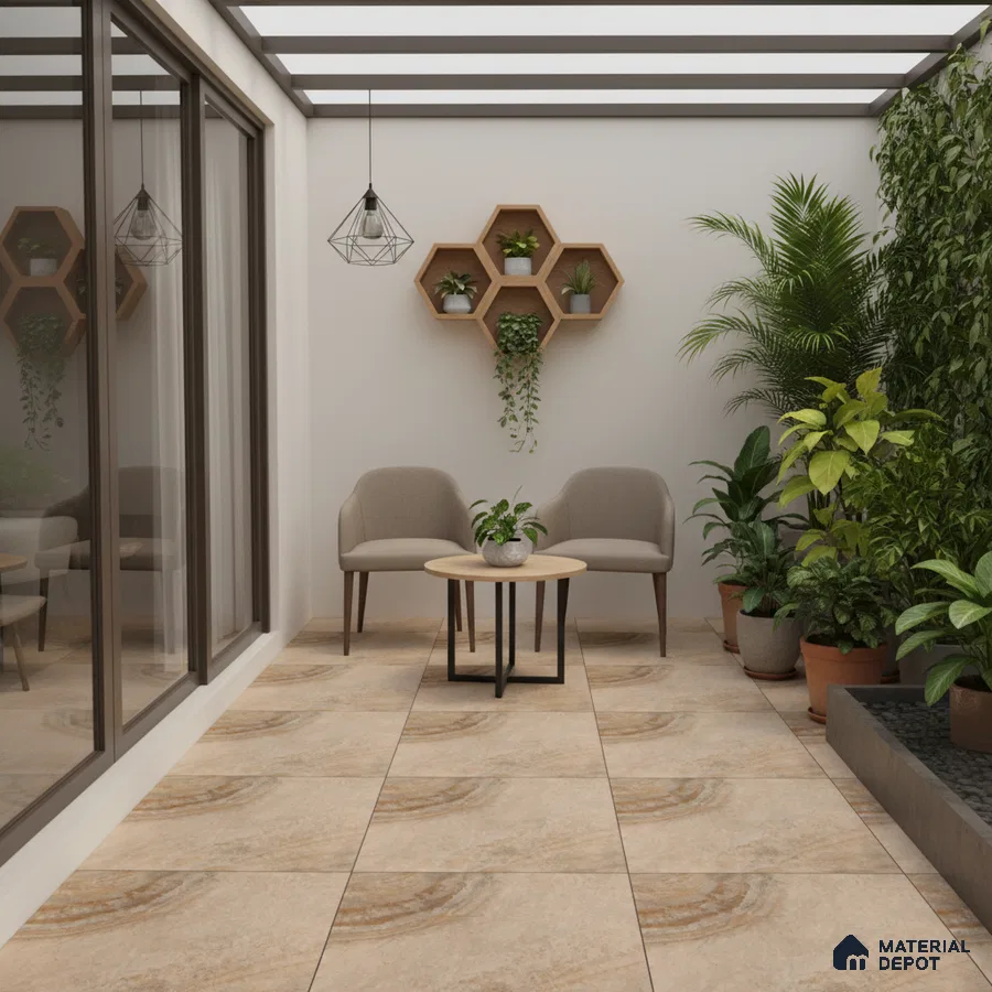 Modern balcony with beige stone-look floor tiles and wooden hexagonal wall shelves