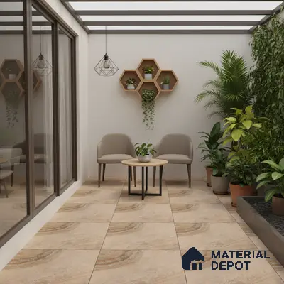 Modern balcony with beige stone-look floor tiles and wooden hexagonal wall shelves