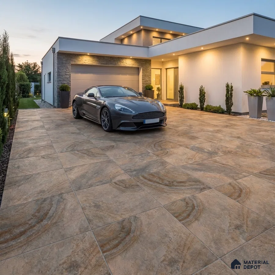 Modern parking with large format stone-look tiles and contemporary facade