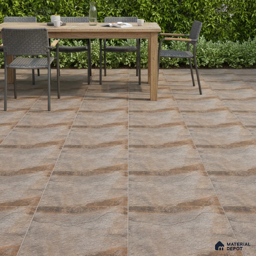Modern outdoor dining with rustic stone-look floor tiles and wooden table