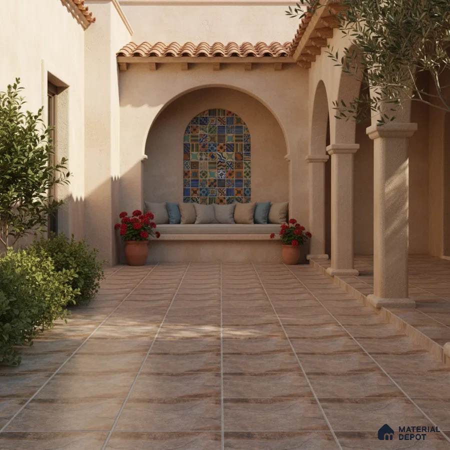 Mediterranean outdoor courtyard with terracotta floor tiles and colorful patterned mosaic wall tiles