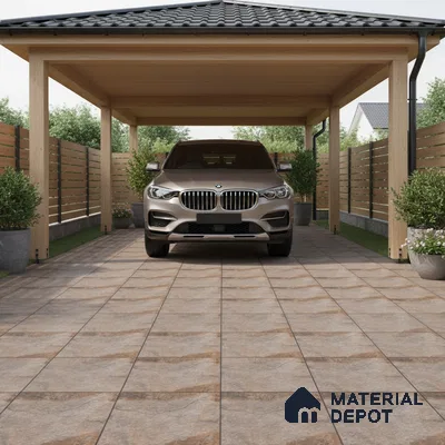 Modern parking with beige stone-look floor tiles and wooden pergola roof