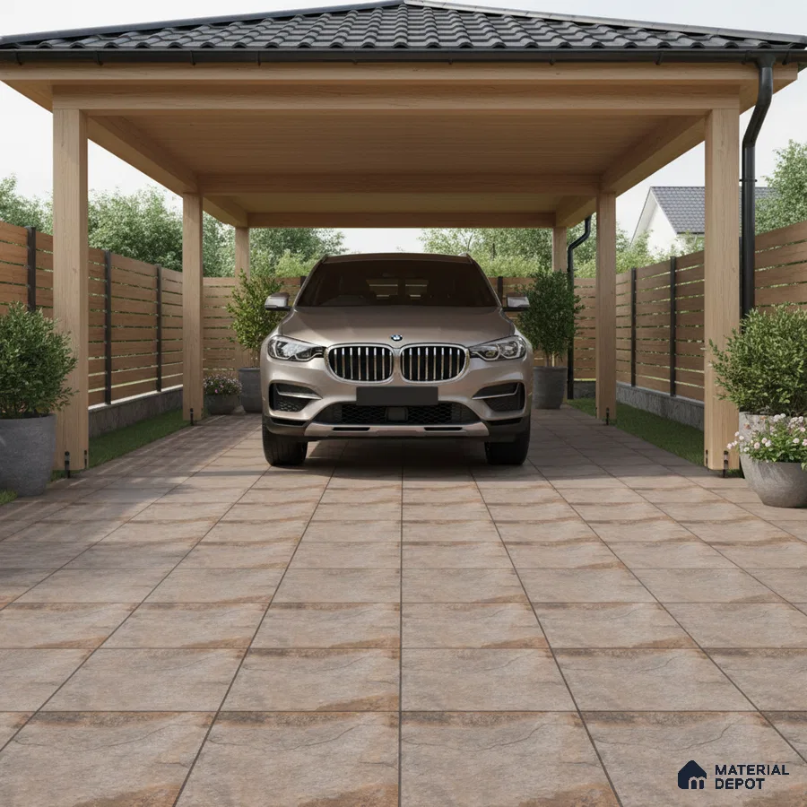 Modern parking with beige stone-look floor tiles and wooden pergola roof