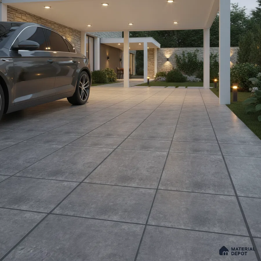 Modern parking with grey stone-look floor tiles and exterior stone cladding