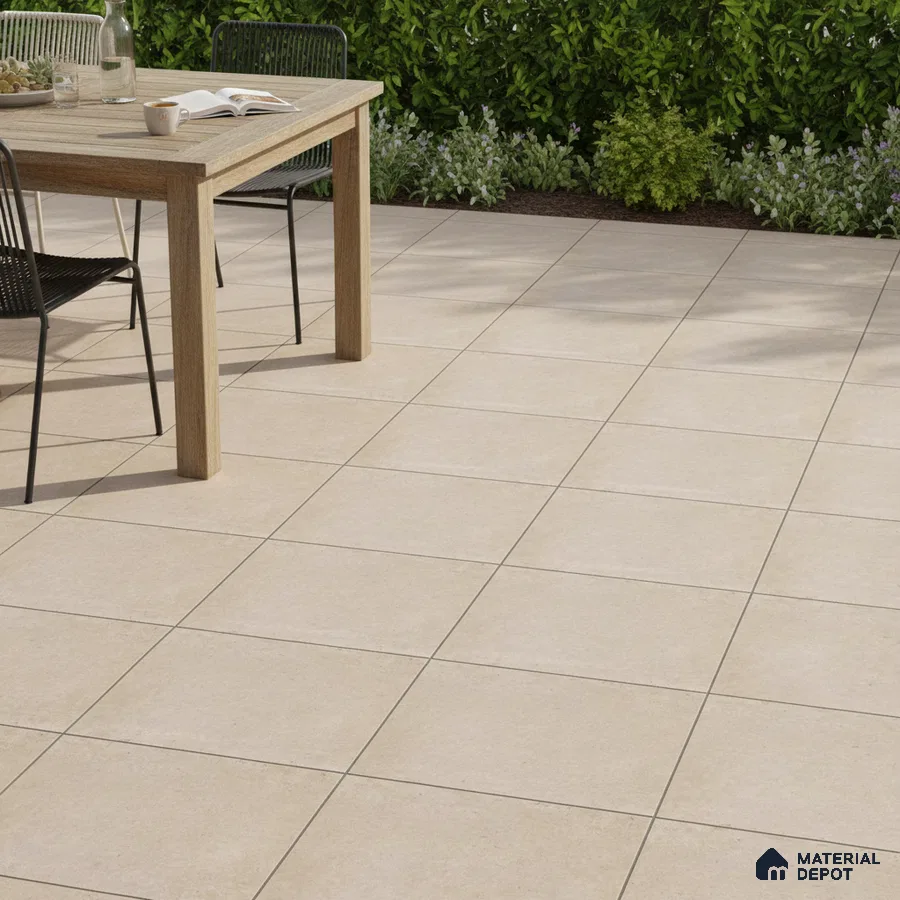 Minimalist outdoor patio with beige stone-look floor tiles and natural wood dining table