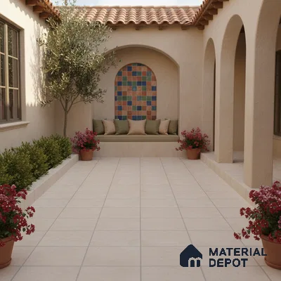 Mediterranean outdoor courtyard with terracotta roof, beige floor tiles, and colorful mosaic wall tiles