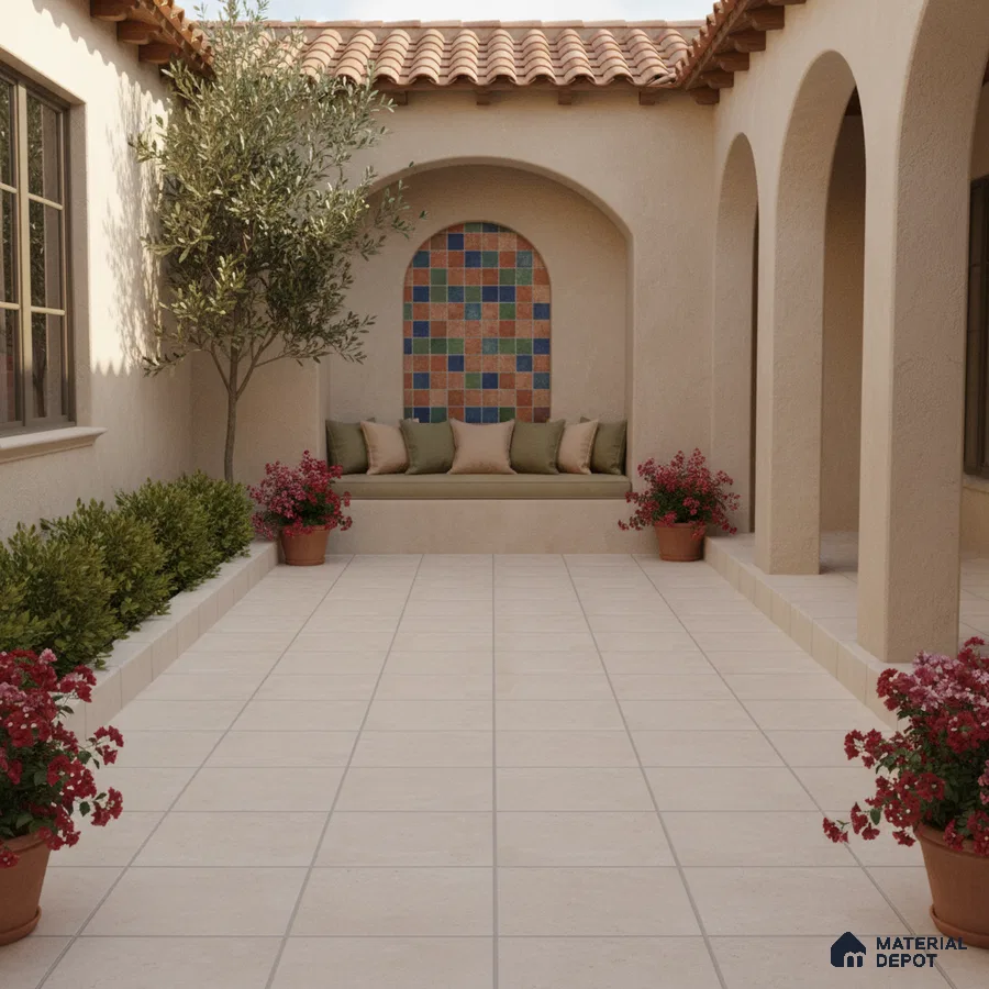 Mediterranean outdoor courtyard with terracotta roof, beige floor tiles, and colorful mosaic wall tiles