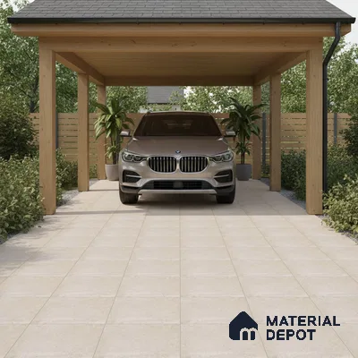 Modern parking with beige stone-look floor tiles and natural wood structure