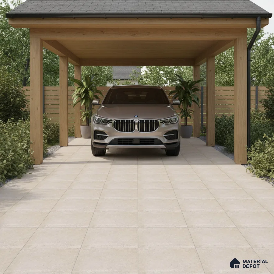 Modern parking with beige stone-look floor tiles and natural wood structure