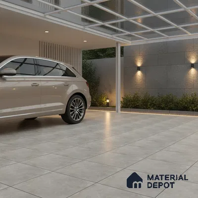 Modern parking with matte grey stone-look floor tiles and glass roof canopy