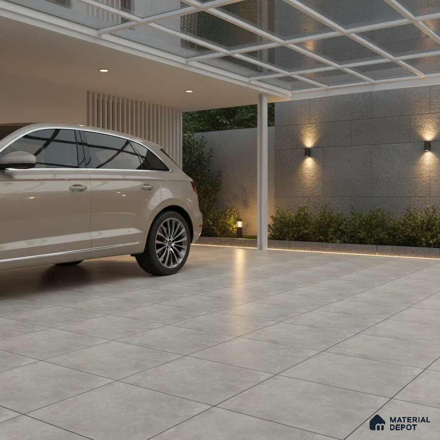 Modern parking with matte grey stone-look floor tiles and glass roof canopy
