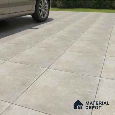 Modern parking area with light grey stone-look matte floor tiles