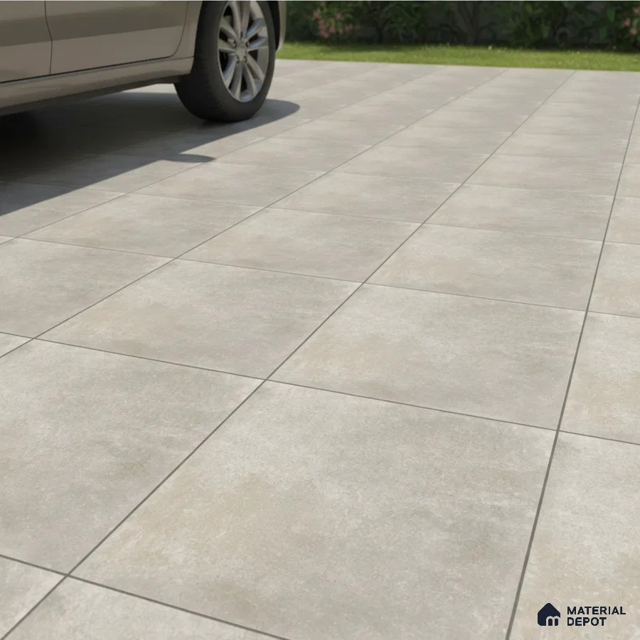 Modern parking area with light grey stone-look matte floor tiles
