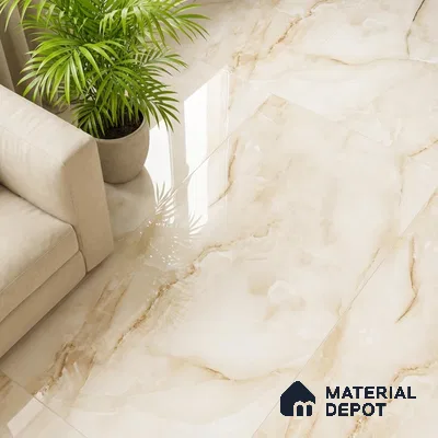 Modern living room with glossy beige marble-look floor tiles and neutral sofa