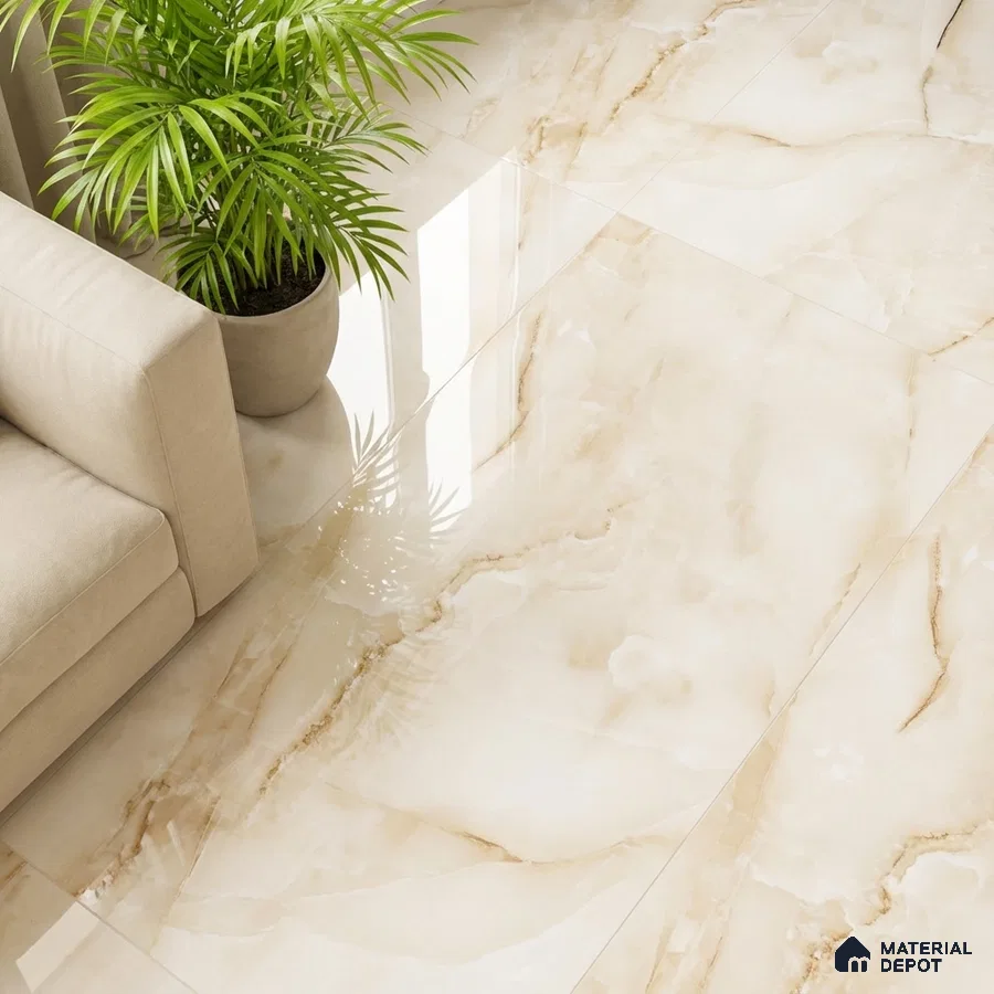 Modern living room with glossy beige marble-look floor tiles and neutral sofa